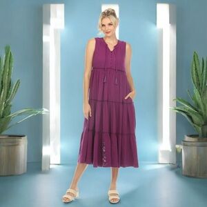 🆕💞Johnny Was Calme Gauze Tiered Midi Dress Shirring Boho Chic • PURPLE • SMALL